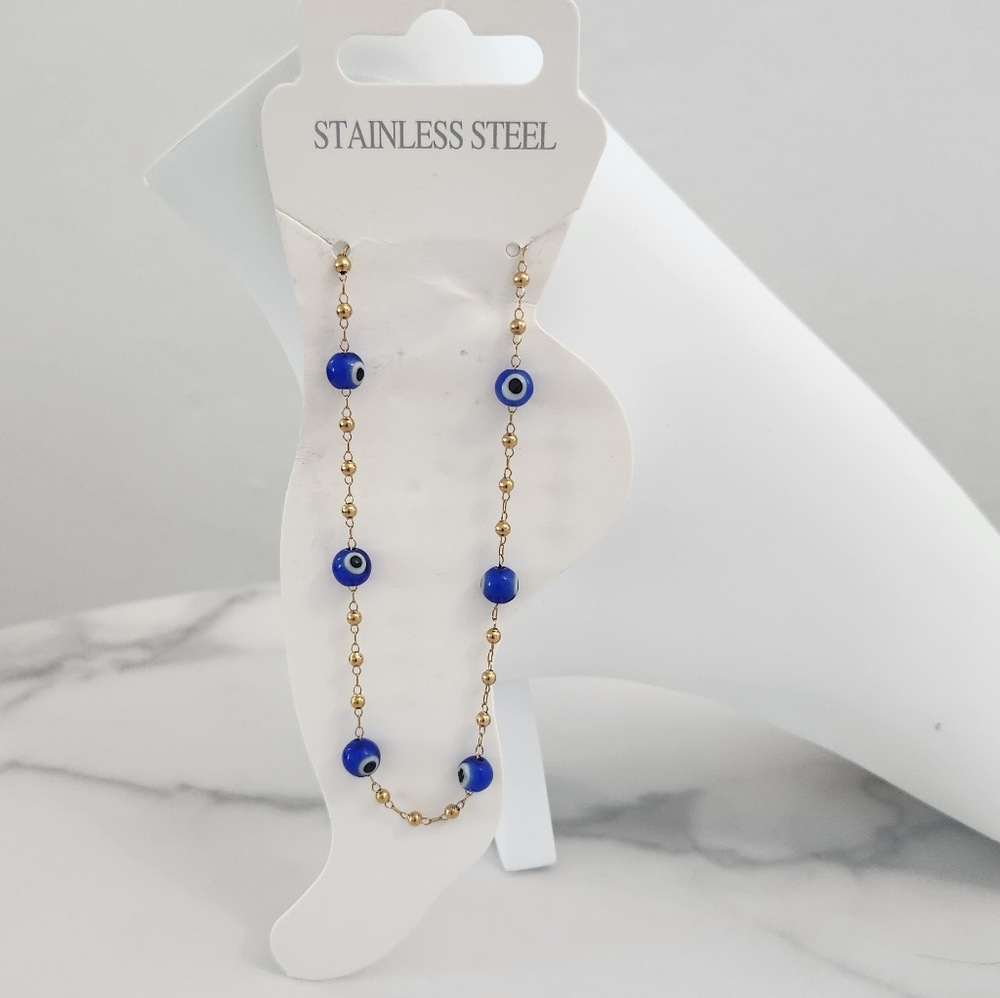 Modern Style Beaded Blue Evil Eye 18K Gold Plated Bracelet - Picture 11 of 11
